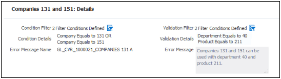 This figure illustrates the condition and validation filter details for companies 131 and 151.
