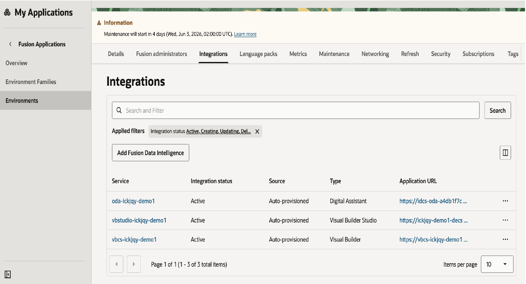 Graphic showing the Integrations tab of an environment