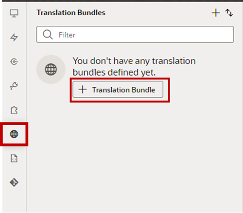 The Translation globe icon is outlined in red in the Navigator, and the Translation Bundles pane displays with the + Translation Bundle button outlined in red.
