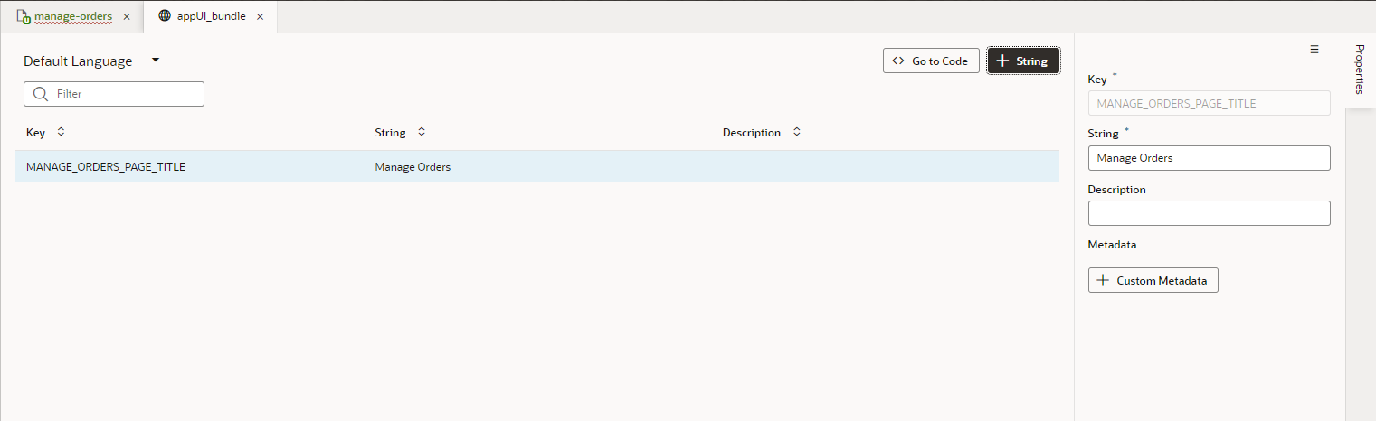 The appUI_bundle tab displays with MANAGE_ORDERS_PAGE_TITLE listed as a Key and Manage Orders as a String.