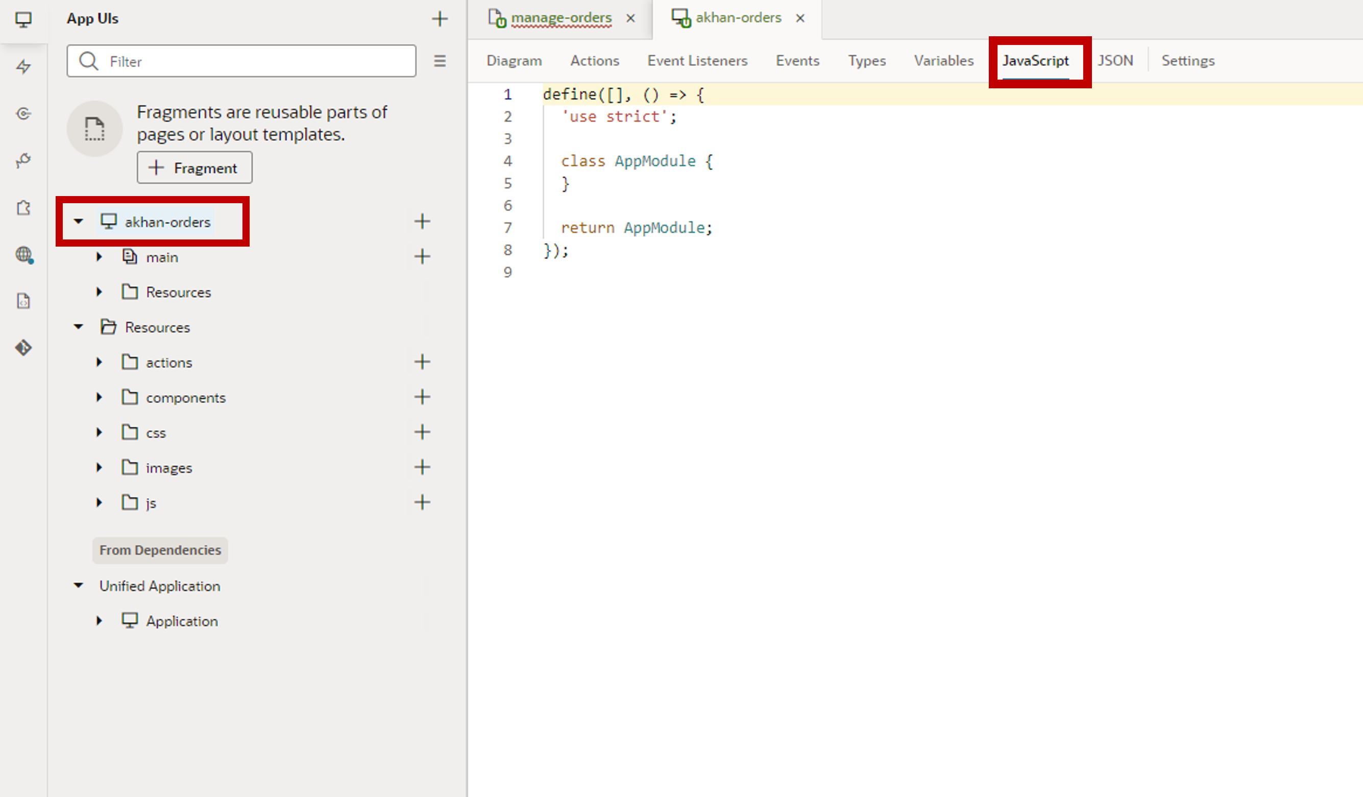 In the App UI panel, <guid>-orders, akhan-orders in this image example, is selected and outlined in red, and the akhan-orders page displayswith the JavaScript tab opened amd outlined in red.