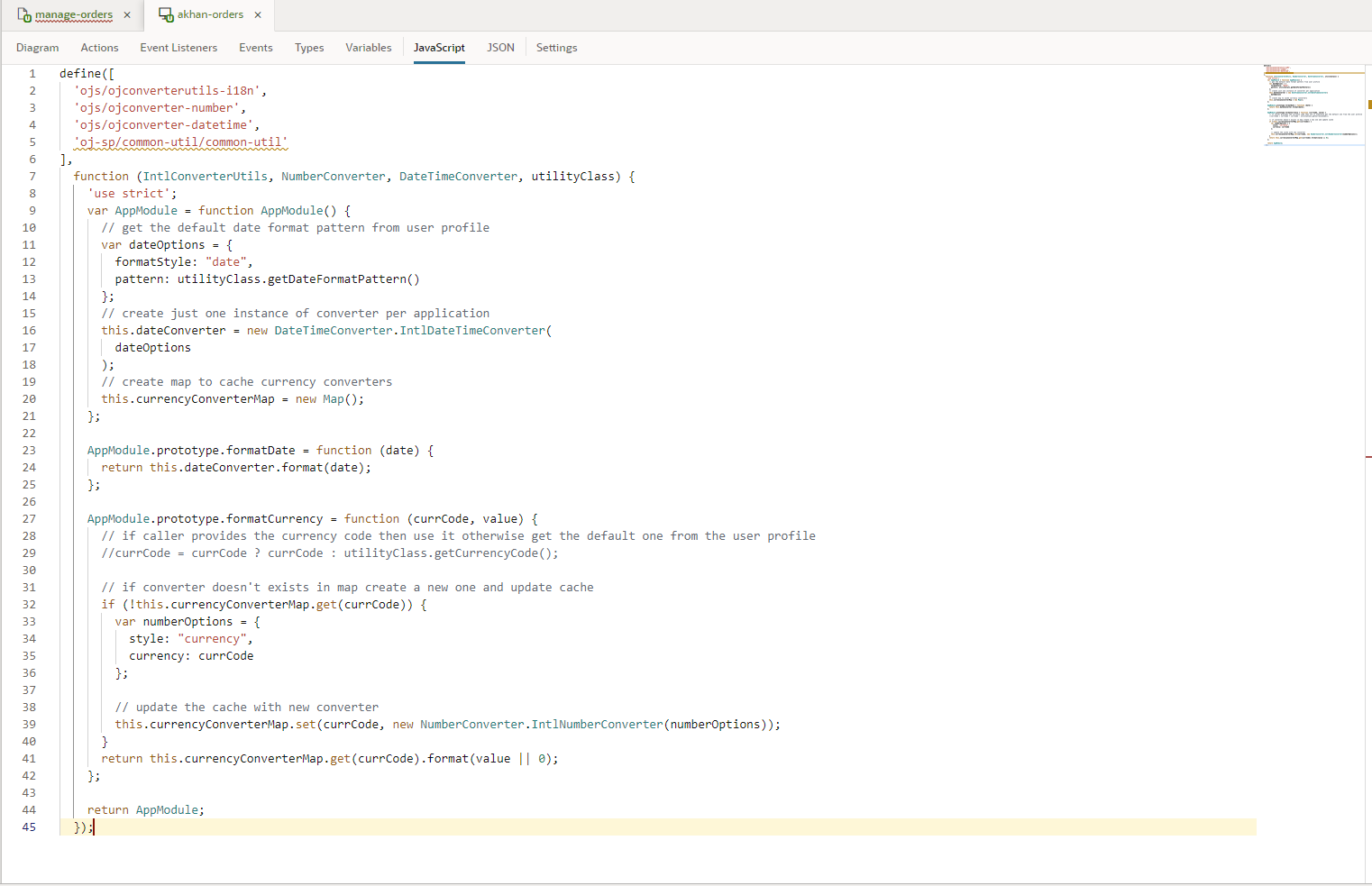 The AppUI page, in this image example, the akhan-orders page, displayswith the JavaScript code you entered.