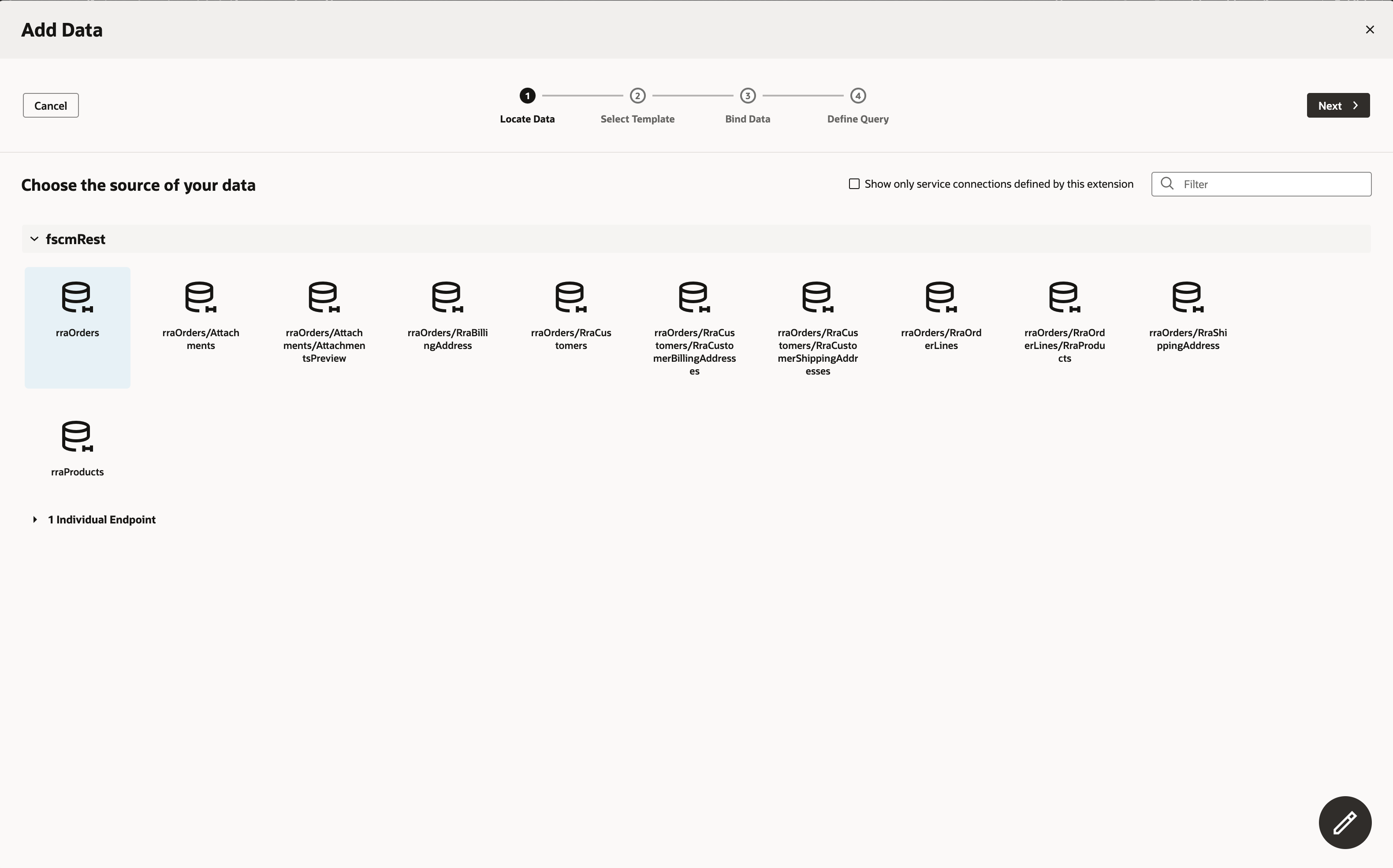 The Add Data data source selection window displays with edit the fcsmRest list expanded and rraOrders selected.