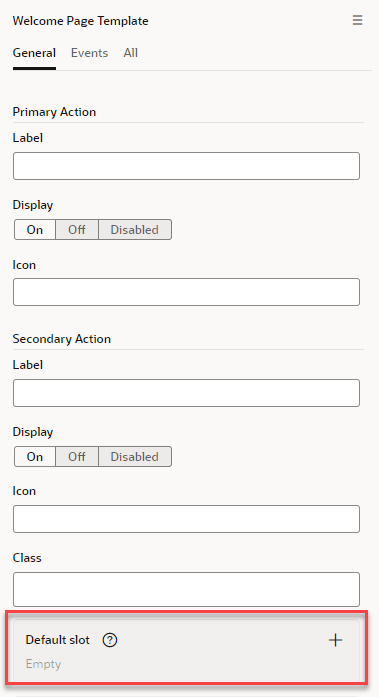 The Welcome Page Template properties pane General tab is shown, and the Default slot field outlined in red.