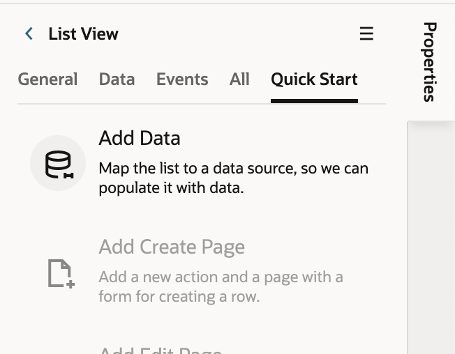 The List View Properties pane displays with the Quick Start tab selected.