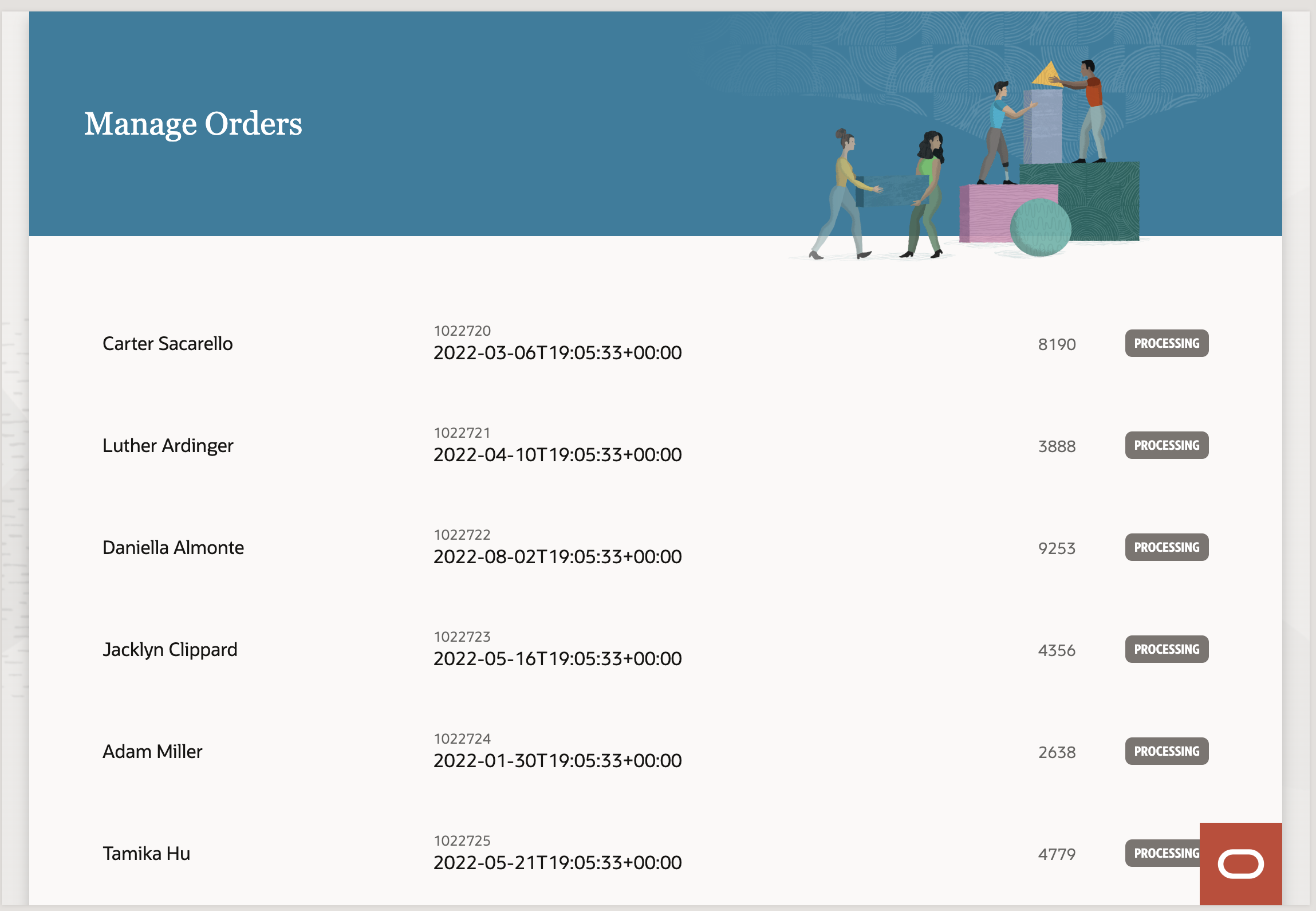 The Manage Orders page displays with a list of orders in rows and three columns plus a badge, starting with customer first and last name, order ID and date, order amount, and a status badge.