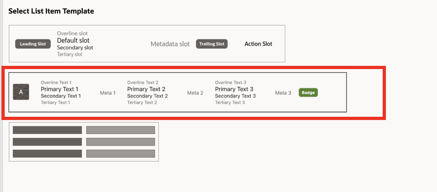The Select List Item Template window displays with the template that contains three columns of text and a badge outlined in red.