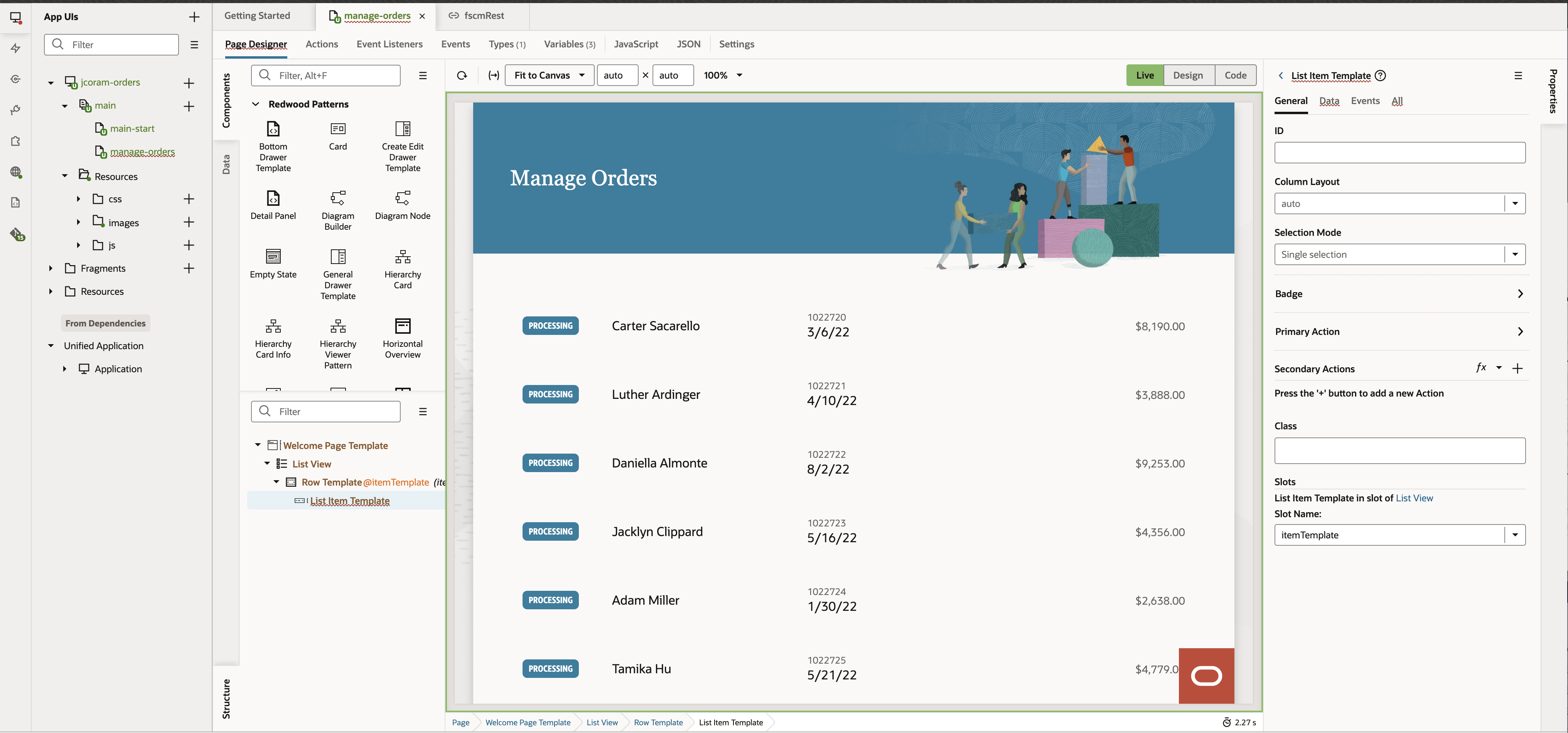 Image showing manage-orders window, Page Designer tab and the List Item Template window General tab.