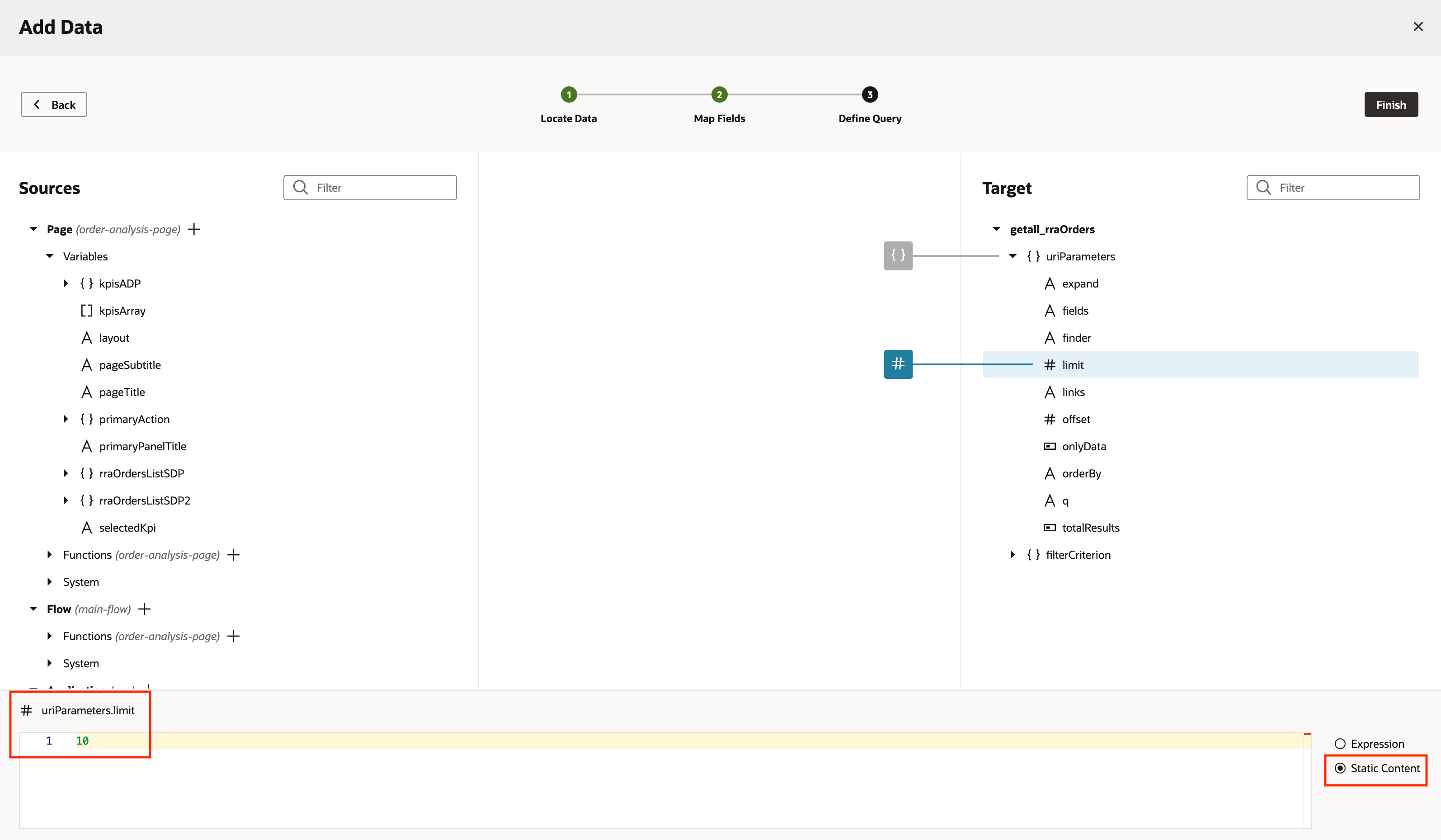 The Add Data window displays with the #limit field of the Traget panel selected and the input number 10 displaying in the # uriParams.limit field, outlined in red, and the Static Content option outlined in red.
