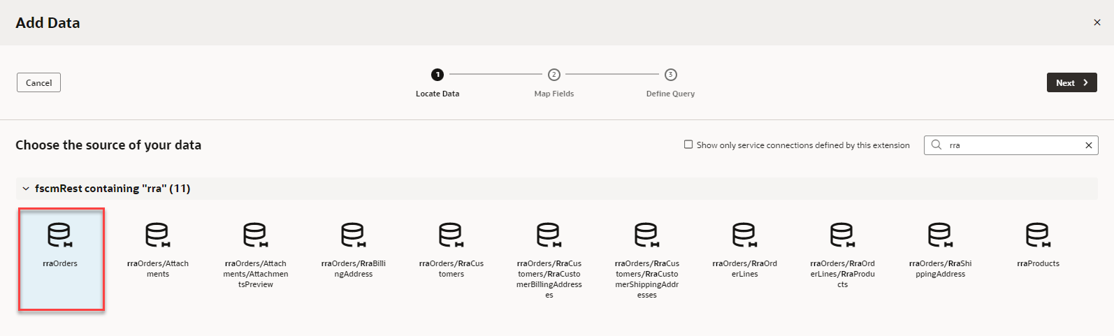 The Add Data window displays, with rra in the search field, and fscmRestcontaining "rra" expanded, and rraOrders outlined in red.
