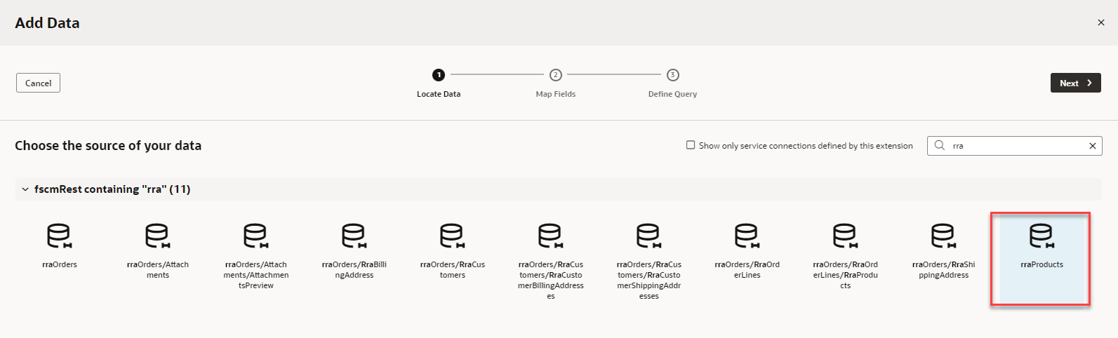 The Add Data window displays, with rra in the search field, and fscmRestcontaining "rra" expanded, and rraProducts outlined in red.