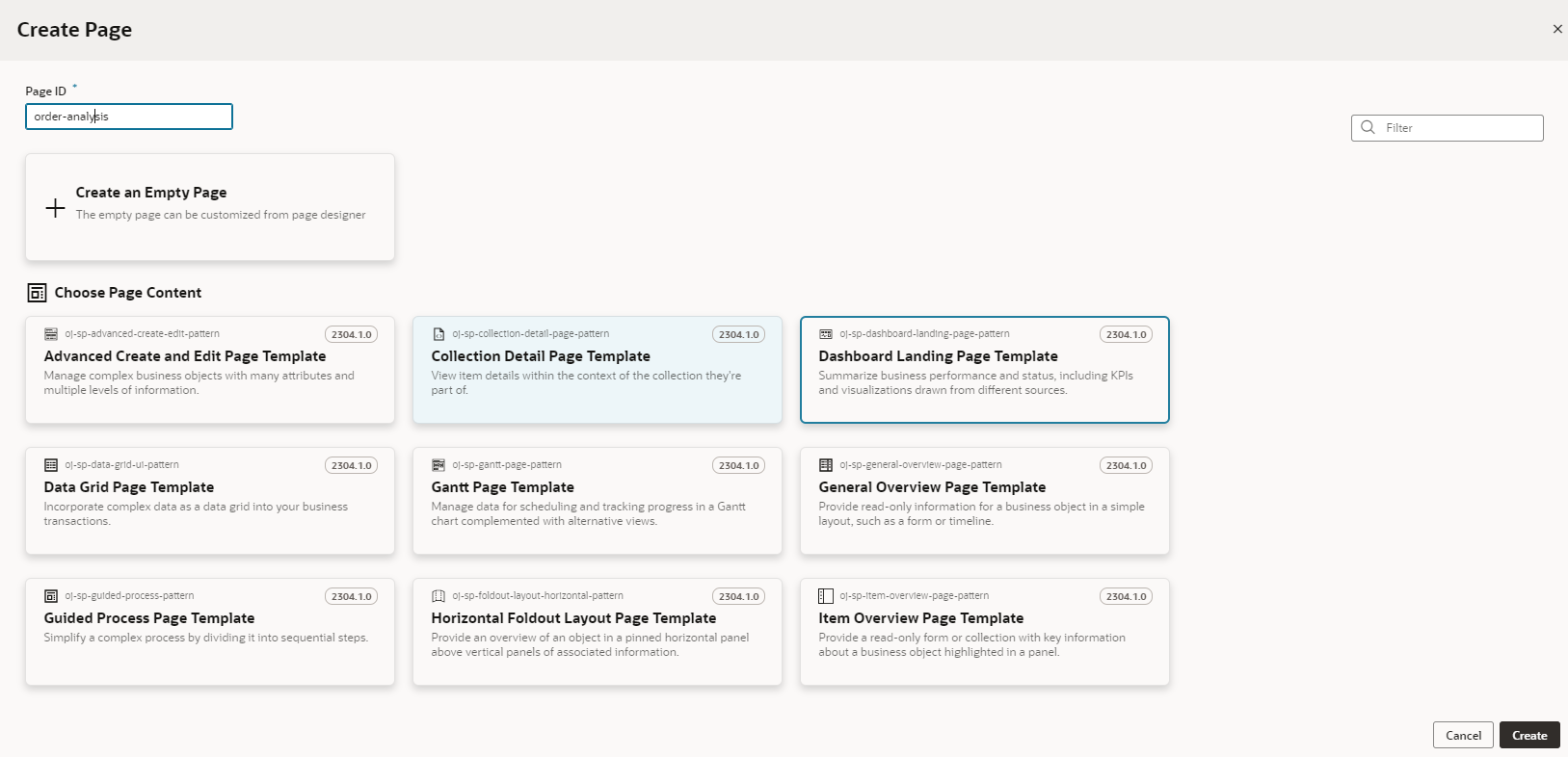 The Create Page window is shown with order-analysis in the Page ID field and the Dashboard Landing Page Template selected.
