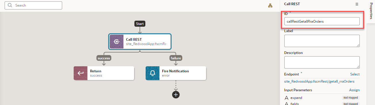 The Call REST Properties pane displays with the ID value automatically updated, outlined in red.