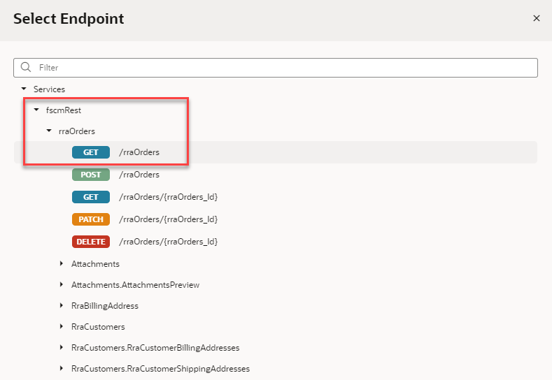 The Select Endpoint window displays, with Services, fscmRest, and rraOrders expanded and GET /rraOrders displaying.