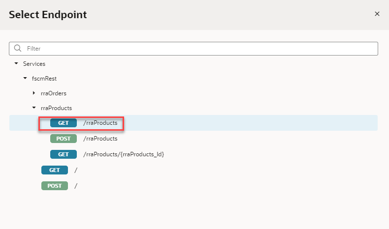 The Select Endpoint window displays, with Services, fscmRest, and rraProducts expanded and GET /rraProducts displaying, outlined in red.