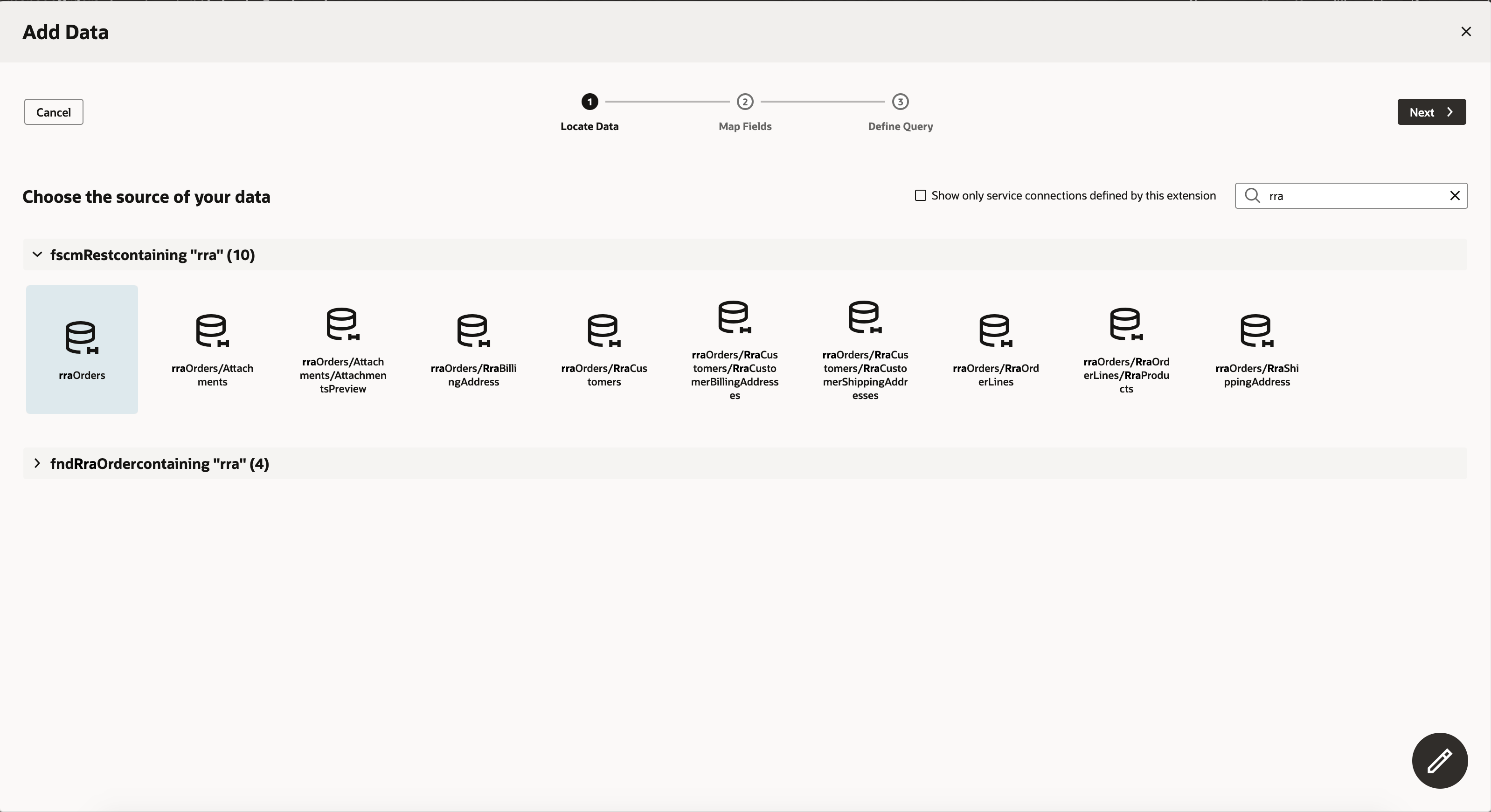 The Add Data window displays, with rra in the search field, and fscmRestcontaining "rra" expanded.