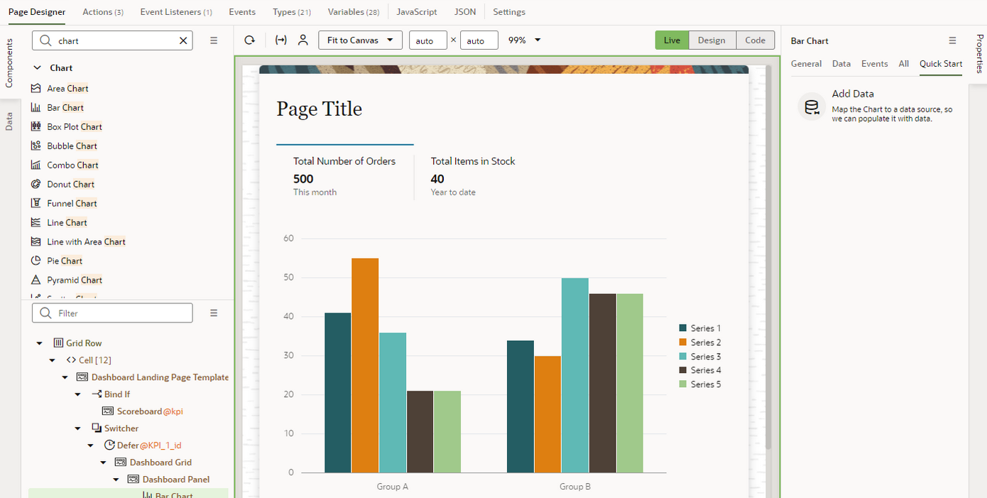 The bar chart displays in Live view with order dates and total amounts.