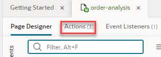 The order-analysis Page Designer displays with the Actions tab outlined in red.