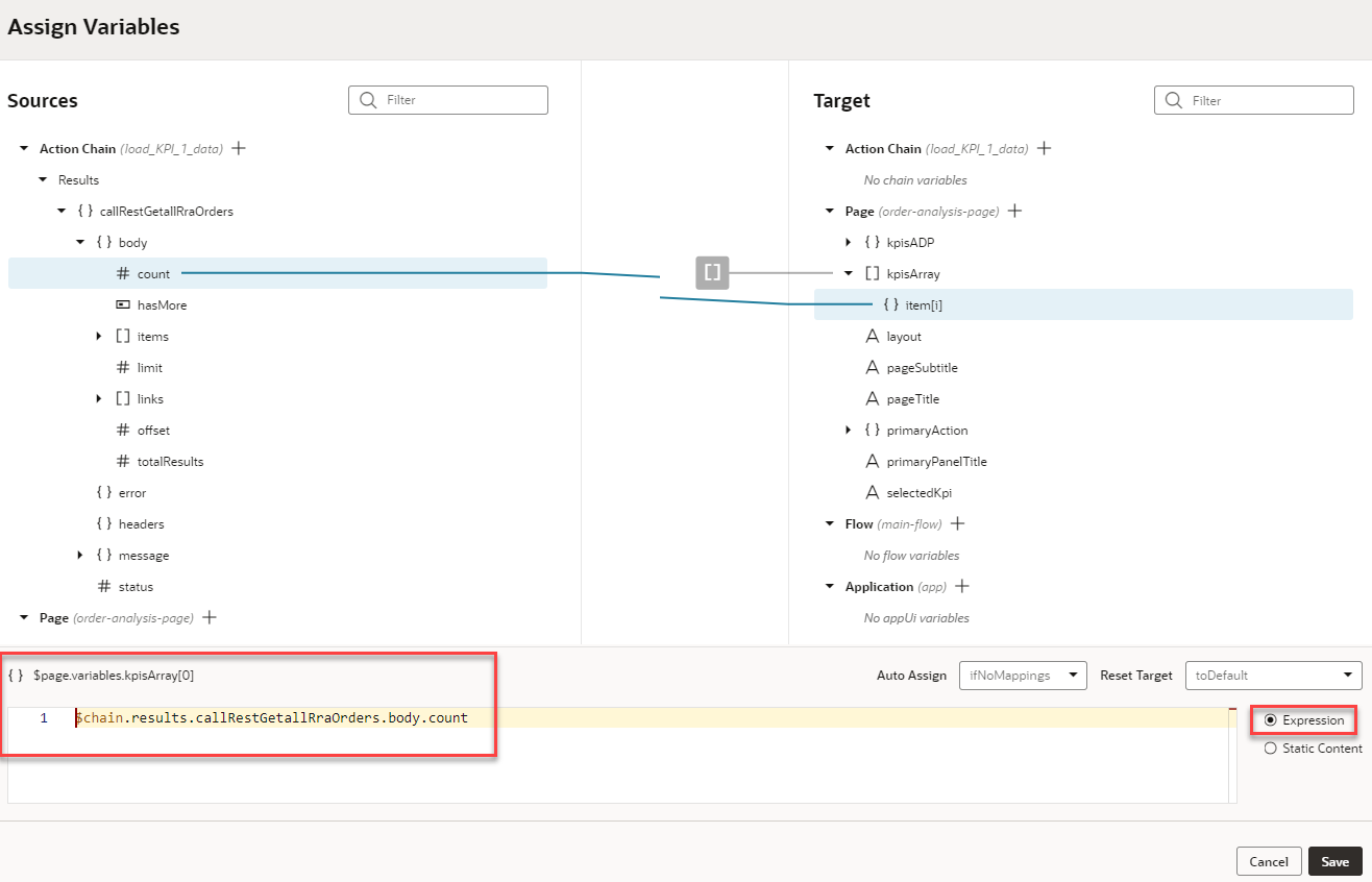 The Assign Variables window displays with the { } $page.variables.kpisArray[0] field and the Expression option outlined in red.