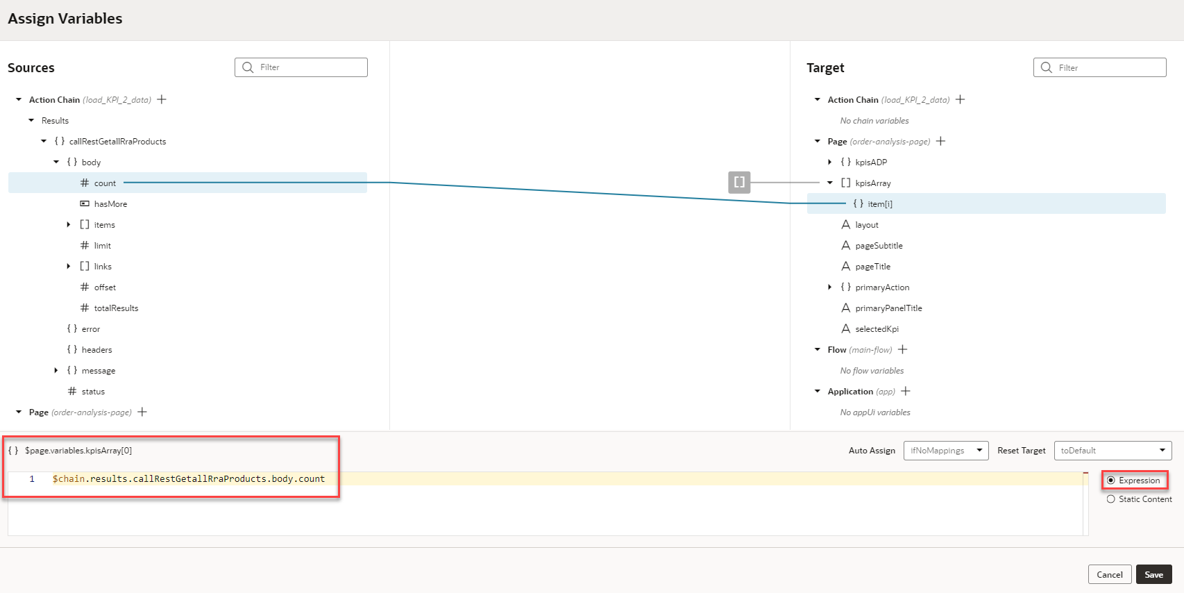The Assign Variables window displays with the { } $page.variables.kpisArray[0] field and the Expression option outlined in red.