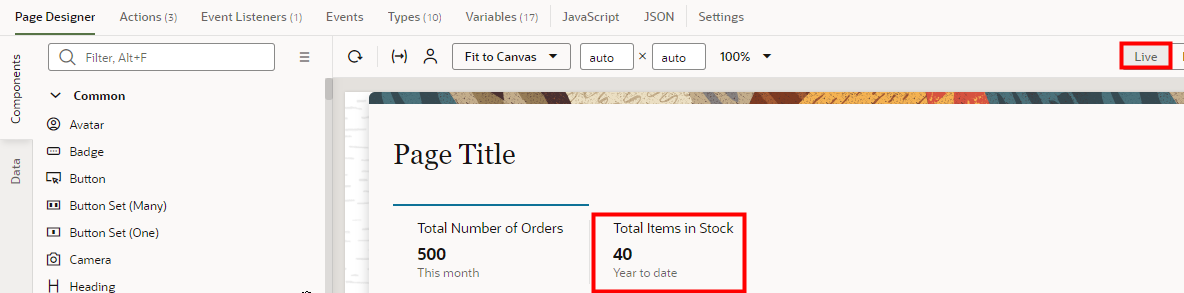 The Page Designer tab displays with the Total Items in Stock section outlined in red.