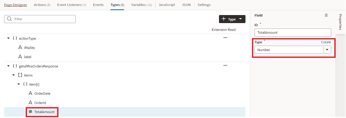 The Types tab displays with getallRraOrdersResponse, items, items[i] expanded, and # TotalAmount outlined in red. The Properties pane, Type field is outlined in red.