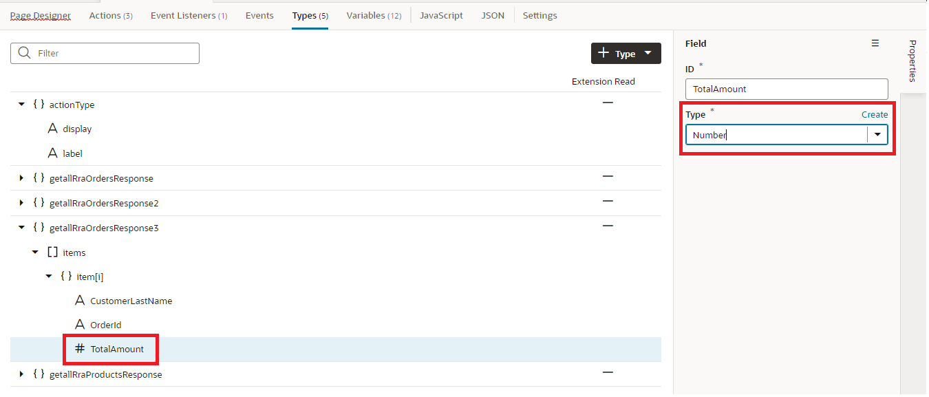 The Types tab displays with getallRraOrdersResponse3, items, items[i] expanded, and # TotalAmount outlined in red. The Properties pane, Type field is outlined in red.