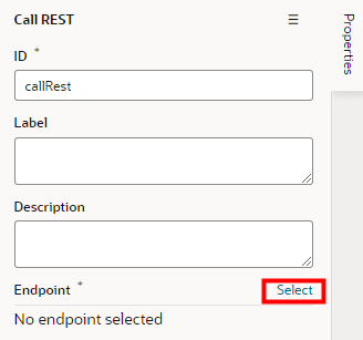 The Call REST properties pane displays with Select outlined in red.