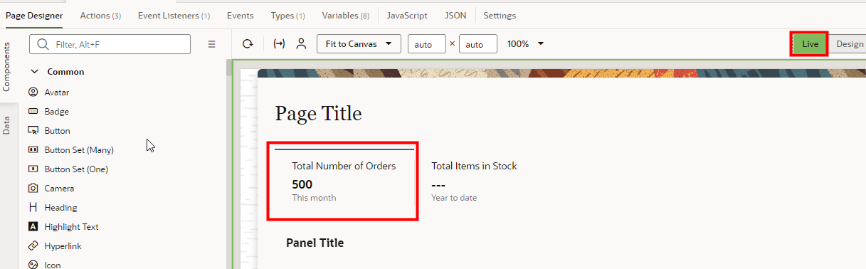 The Page Designer tab displays with the Total Number of Orders section outlined in red.