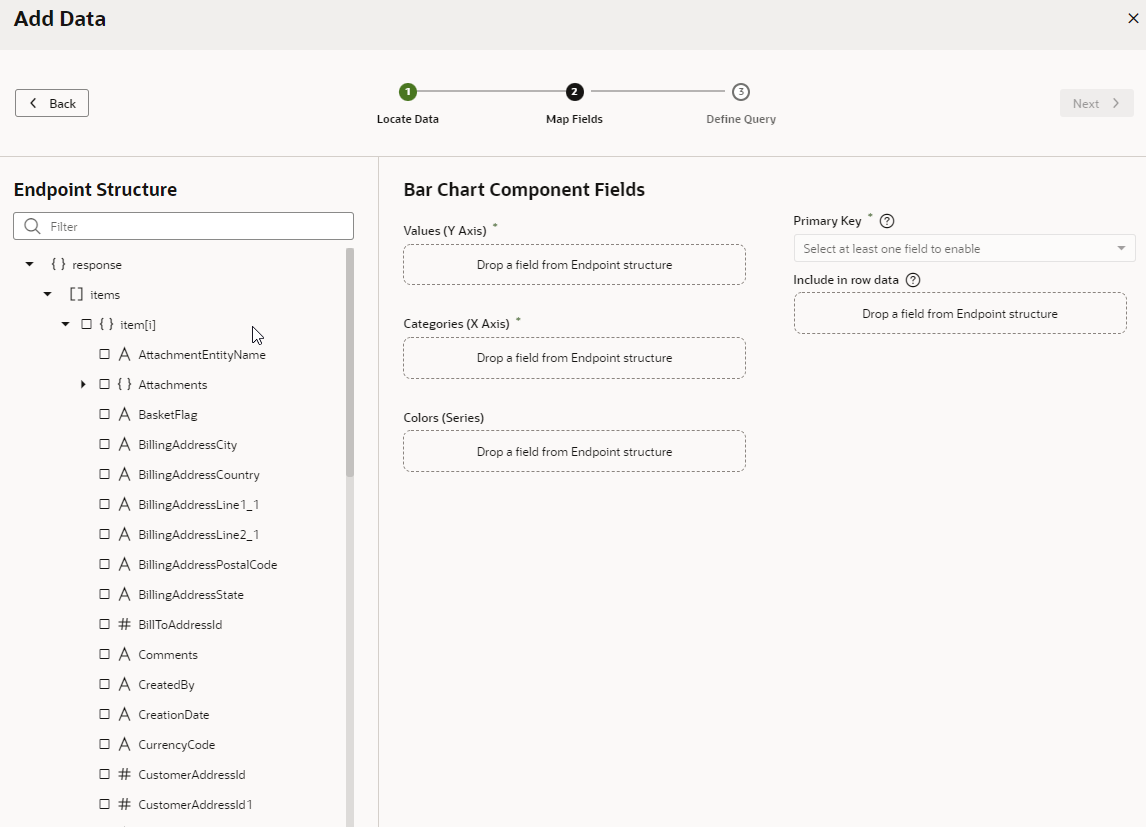 The Bar Chart Component Fields window displays.