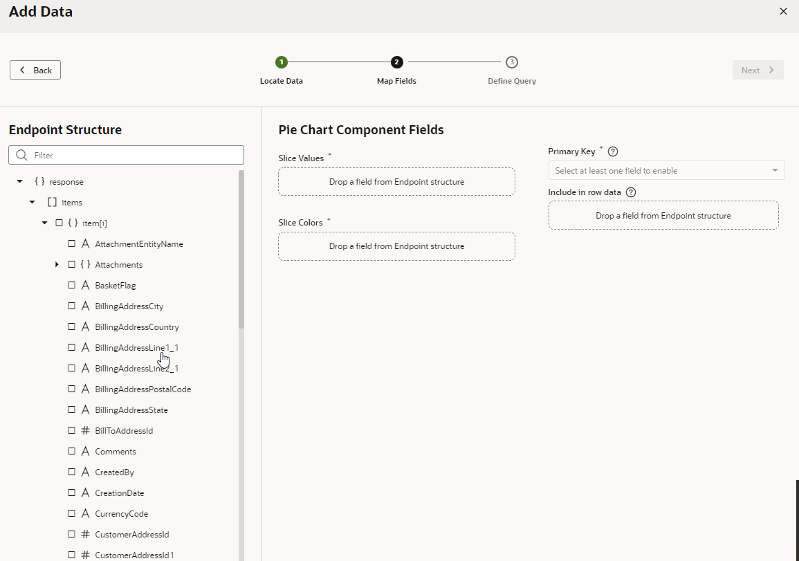The Pie Chart Component Fields window displays.