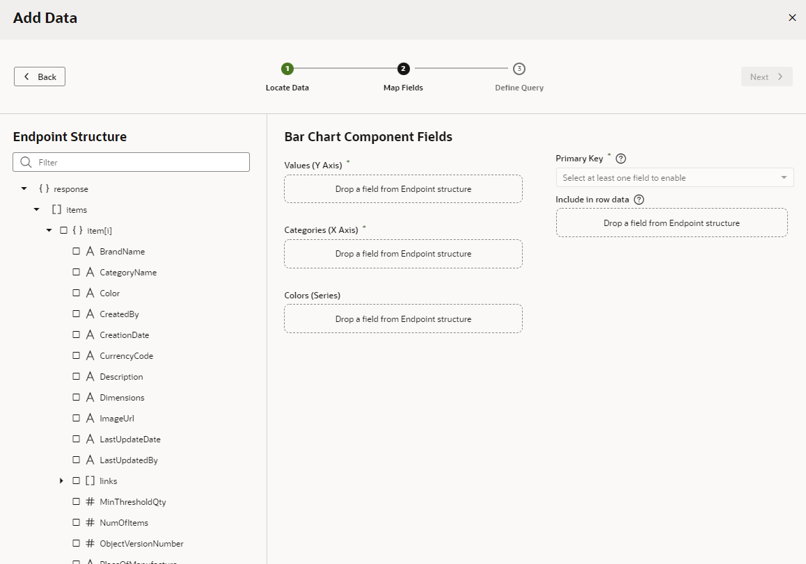The Bar Chart Component Fields window displays.