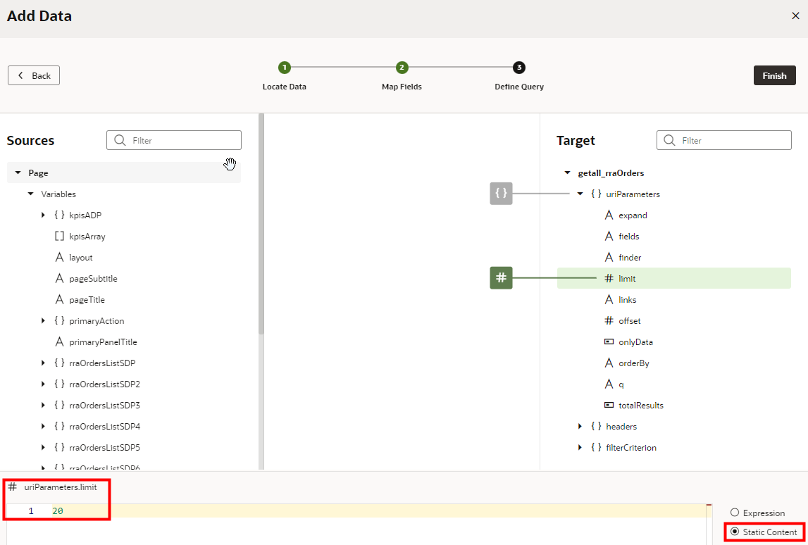 The Add Data window displays with the # uriParams.limit field and the Static Content option outlined in red.