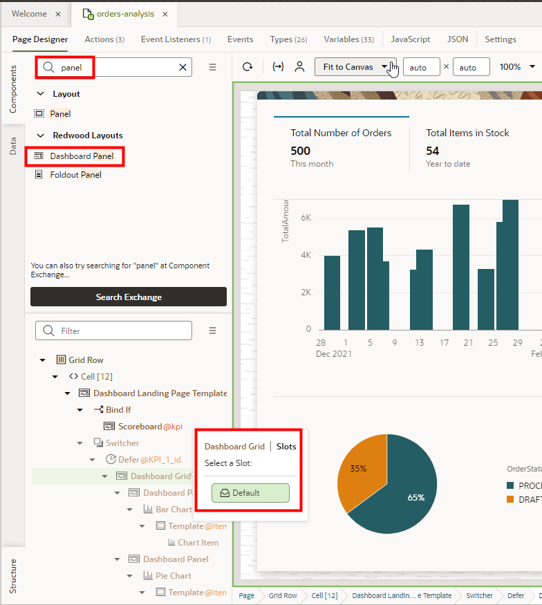 The orders-analysis, Page Designer tab displays with the search term "panel" and Dashboard Panel outlined in red in the Components section, and the Dashboard Grid|Slots window displaying on the canvas, outlined in red.