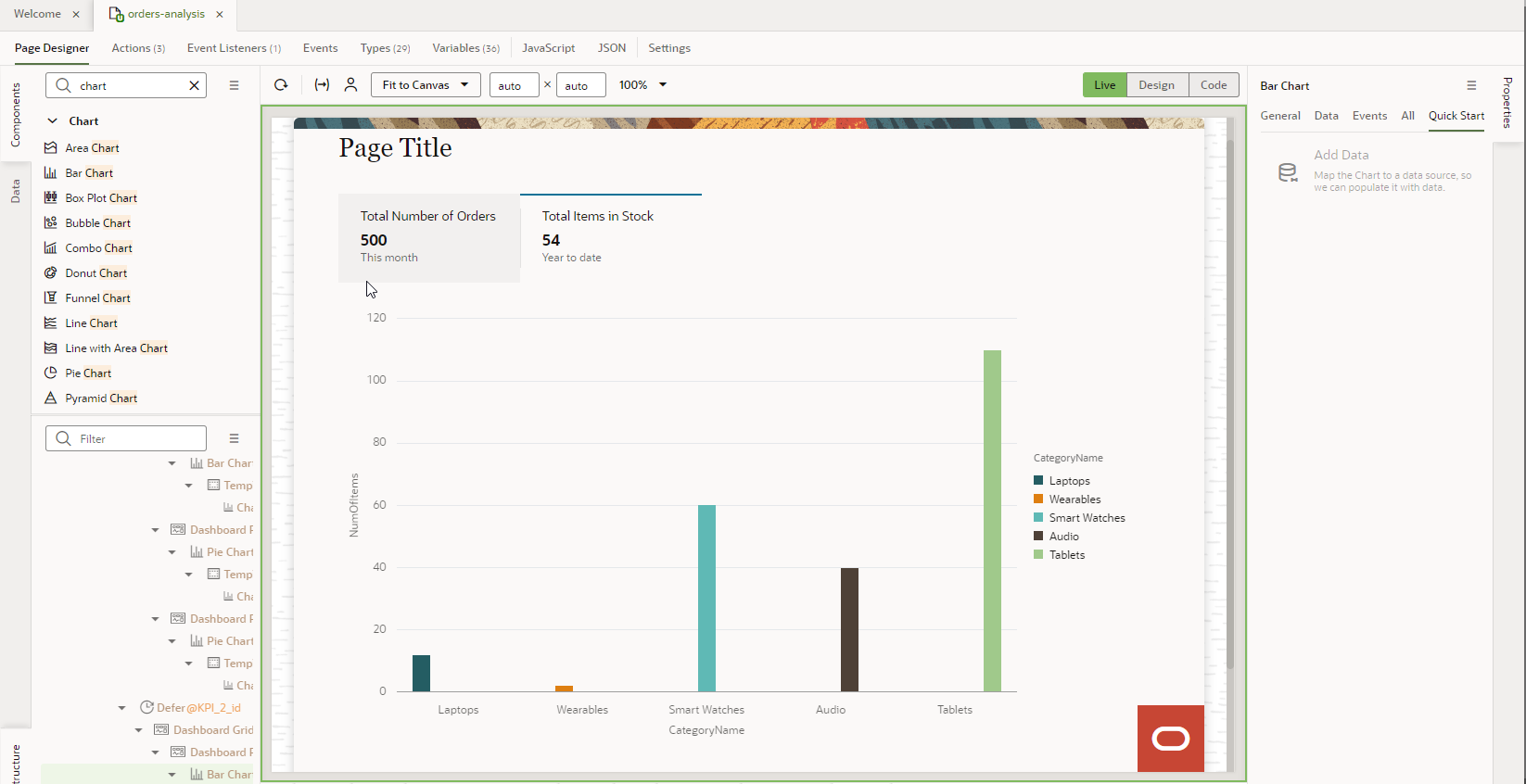 The orders-analysis, Page Designer tab displays with the Bar Chart displaying query data.