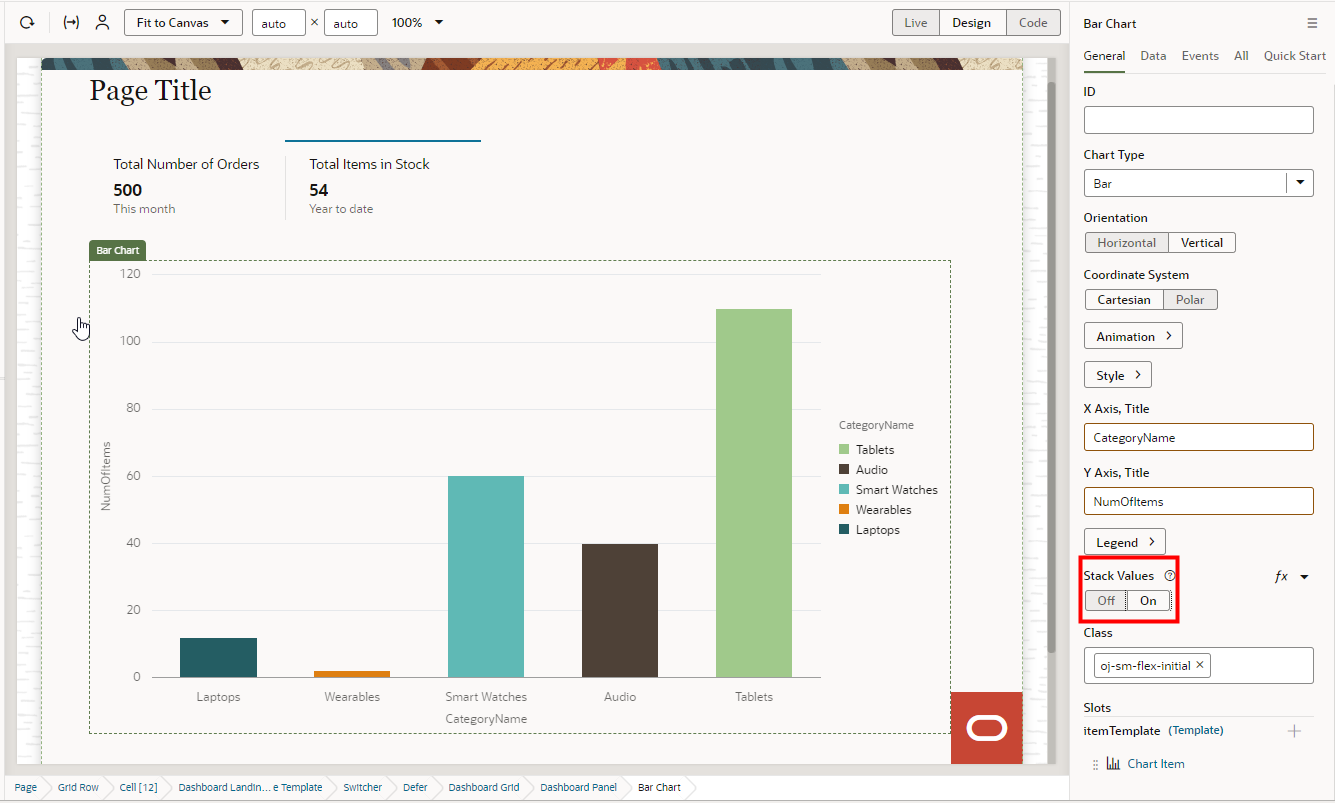 The orders-analysis, Page Designer tab displays with the Bar Chart displaying query data with wider bars.