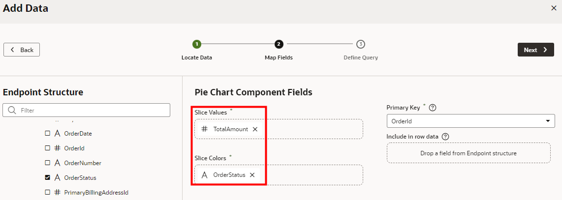 The Pie Chart Component Fields window displays with the Slice Values and Slice Colors fields of the Pie Chart Component Fields outlined in red.