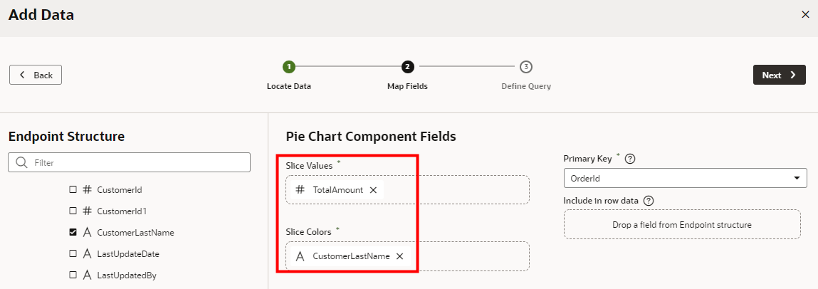 The Pie Chart Component Fields window displays with the Slice Values and Slice Colors fields of the Pie Chart Component Fields outlined in red.