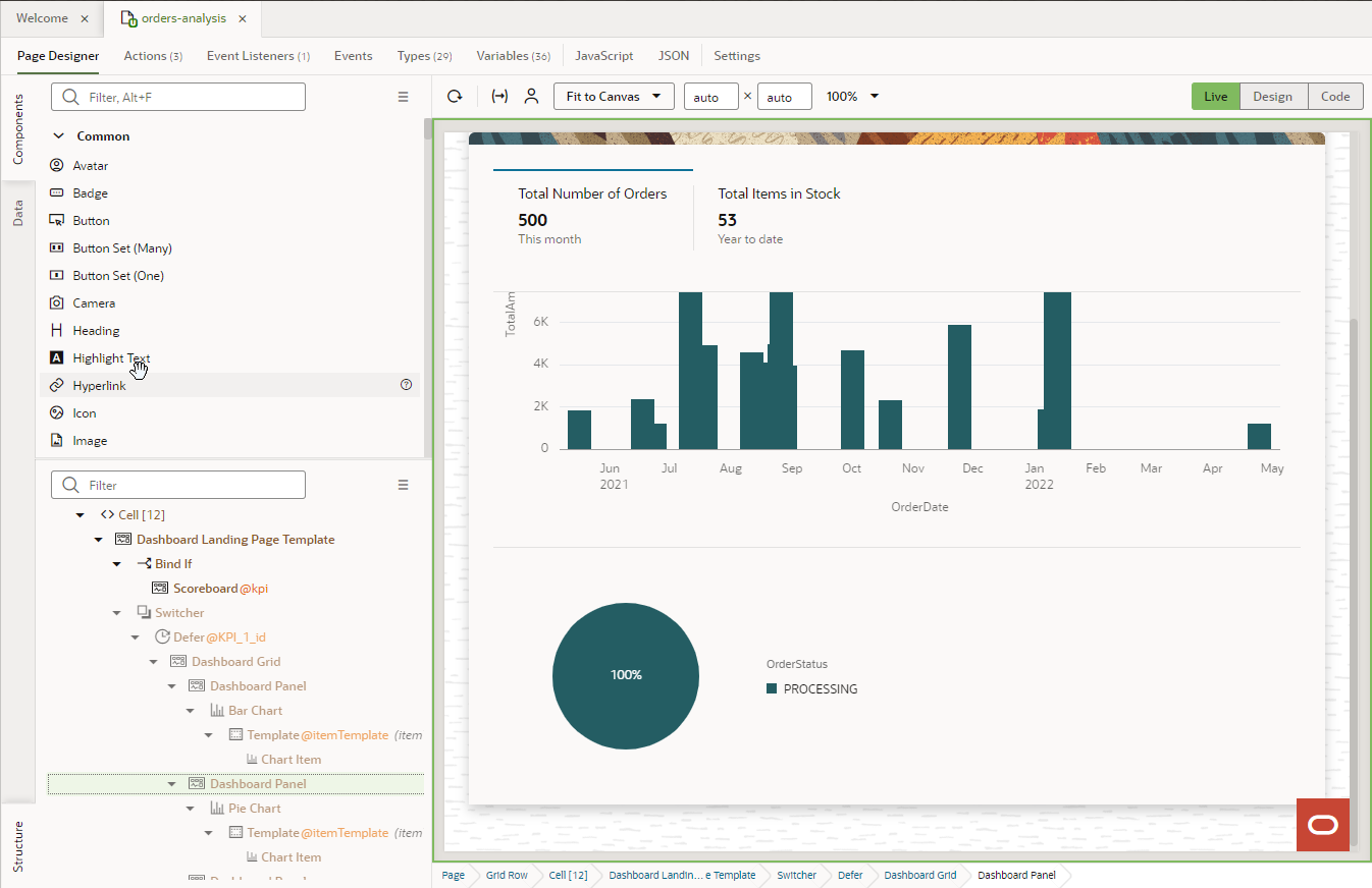 The orders-analysis, Page Designer tab displays with the Pie Chart on the canvas displaying as 100%.
