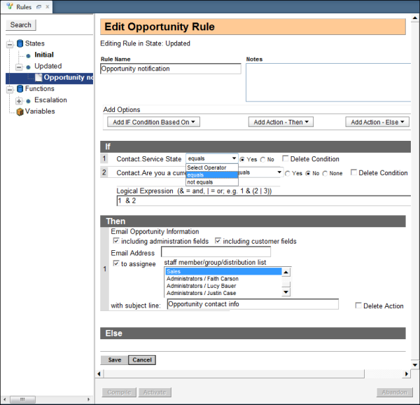 This image shows the Sales option on the To Assignee drop-down list.