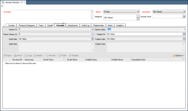 This image shows the modified answer workspace with a Versions tab. The Versions tab includes the Answer Versions report and the fields mentioned in the procedure.