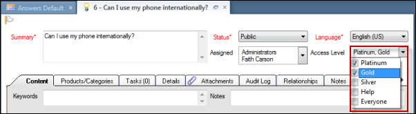 This image shows the content pane with Access Level check-box options.