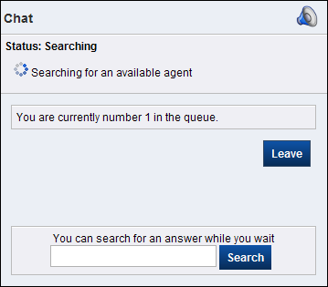 This figure shows the Chat page with Status: Searching and displays a “Searching for an available agent” message.