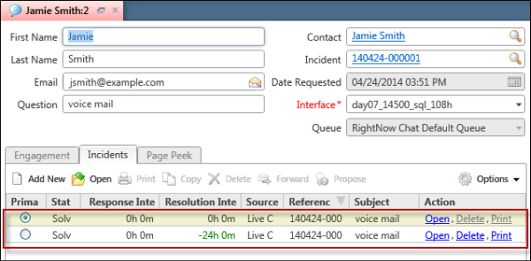 This figure shows the contents of the Incidents tab, which you can access while chatting with a customer.