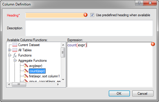 This figure shows the Column Definition window. In addition to the Heading and Description text-entry fields, the window contains an Available Columns/Functions pane on the left, and an Expression pane on the right.