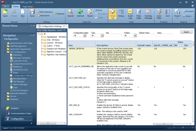 This image shows the Configuration Settings editor in B2C Service. Features and functionality are described in the text that follows.
