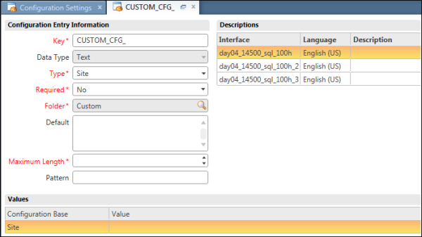This image shows a new configuration-setting window, with Key, Data Type, Type, Required, and Folder options specified. Additional details are described in the text that follows.