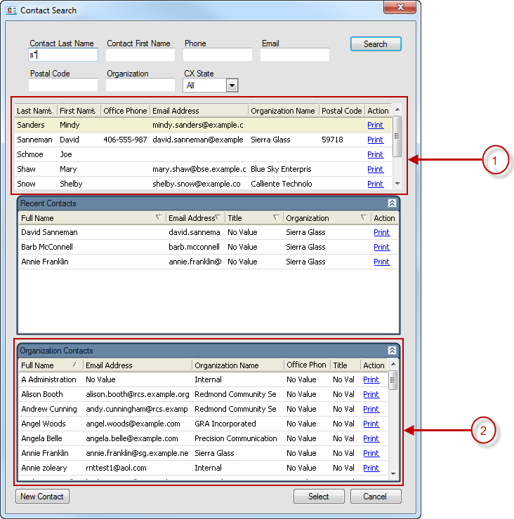 This image shows the Contact Search window with two sections highlighted: a search report having docked filters, and a secondary search report.