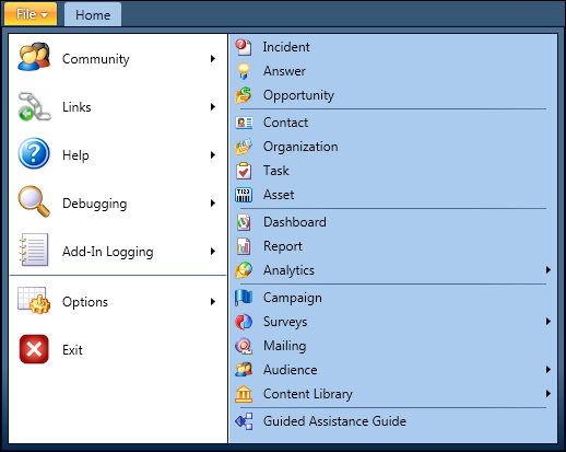 This image shows the options in the File menu after it has been configured.
