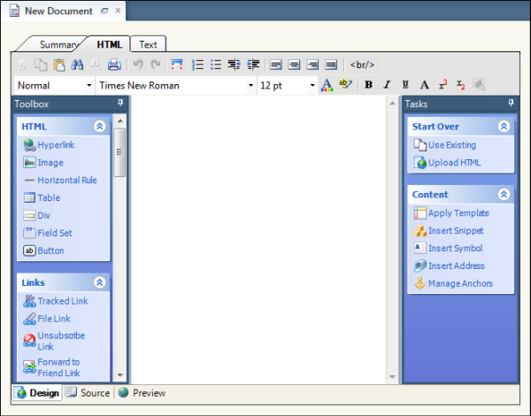 This image shows the HTML editor in design mode. The window contains three tabs (Summary, HTML, Text) at the top, and a toolbar just below them. Editing functions are described in the surrounding text. The Toolbox panel on the left side of the window and the and Tasks panel on the right are described in the “Toolbox Section” and “Task Section” tables.